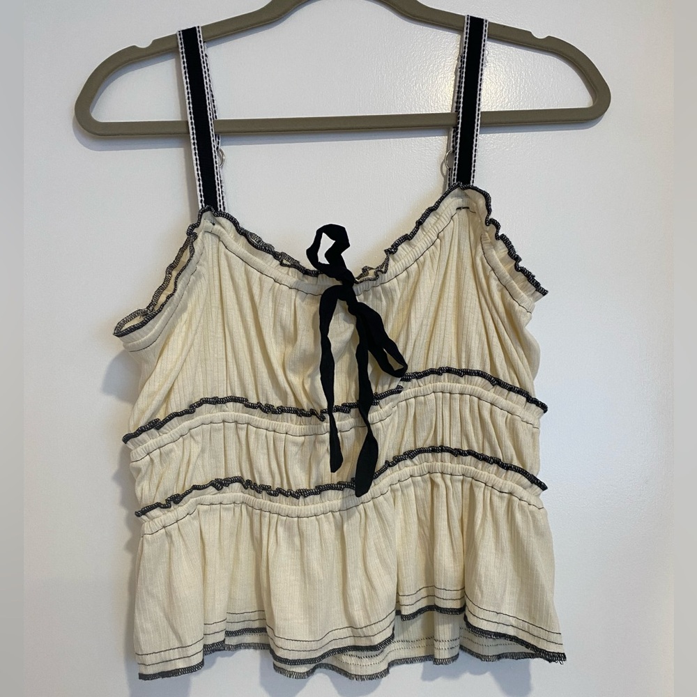 Pilcro for Anthropologie Cream Ruffle Tank with Black Trim